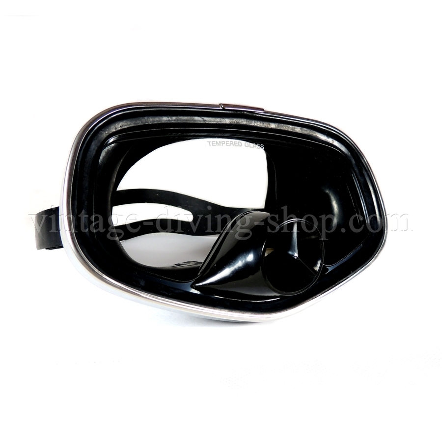Exquisite Tauchermaske aus schwarzem Gummi mit frontalem Ausblasventil im traditionellen Vintage-Diving-Stil – gehärtetes Glas